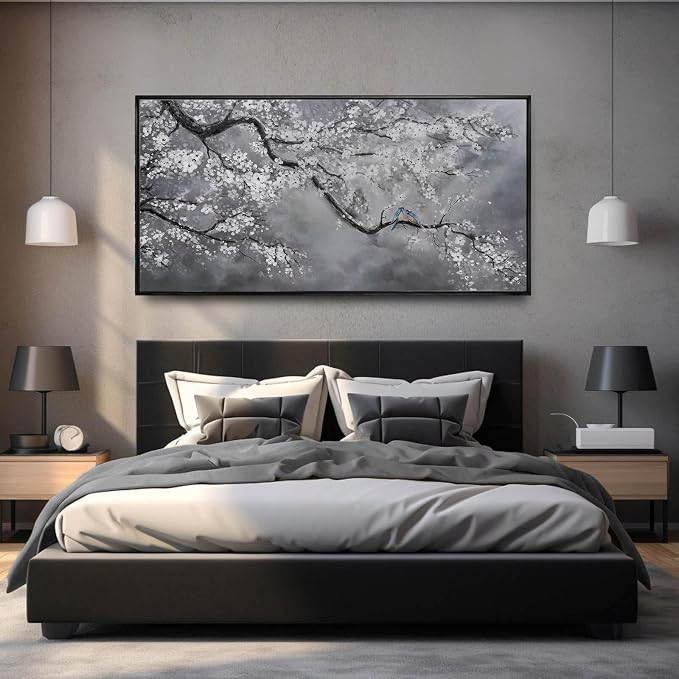 Plum Blossom Wall Art Framed Wall Art Decor Canvas Birds Wall Decorations Bedroom Picture Large Artwork for Living Room Dining Room 24”x48”