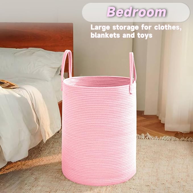 JMvicyroam Large Woven Laundry Basket Hamper,60L Cotton Rope Storage Bin for Blankets,Toys and Clothes,Decorative Tall Nursery Hamper for Living Room,Baby Nursery,Bathroom and Bedroom,Pink