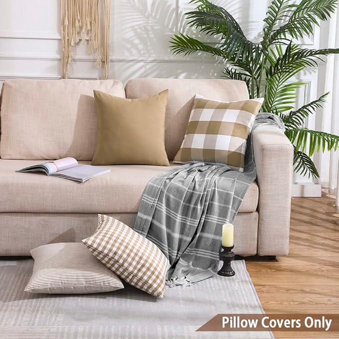 CARRIE HOME Modern Farmhouse Decor Brown Buffalo Plaid 20x20 Pillow Covers Set of 4, 20 x 20 Brown Throw Pillow Cover, Khaki Buffalo Check Decorative Cushion Pillows for Bedroom and Living Room