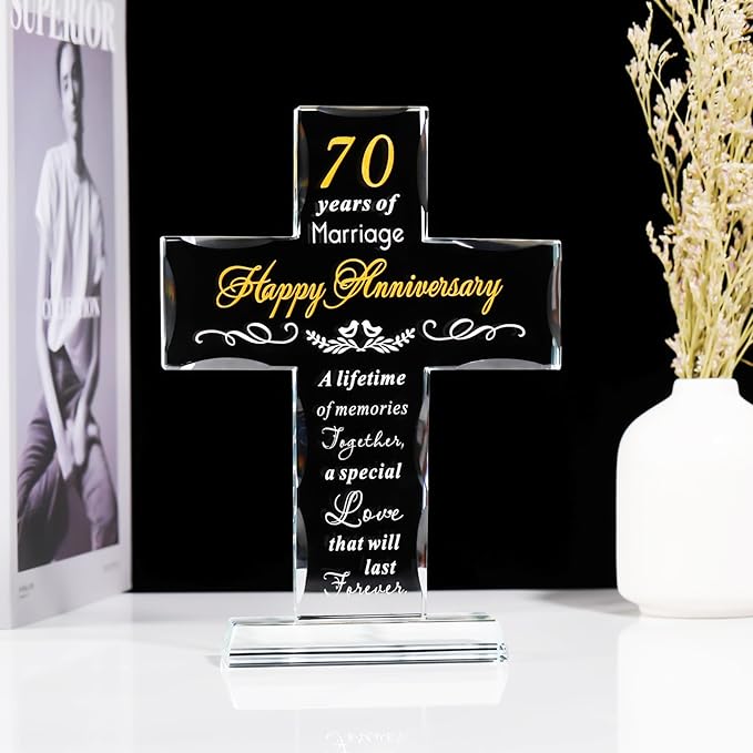 YWHL 70th Wedding Anniversary Cross Gifts for Couple, 70 Years of Marriage Glass Cross Keepsake for Parents Grandparents, 70 Years Anniversary Decoration