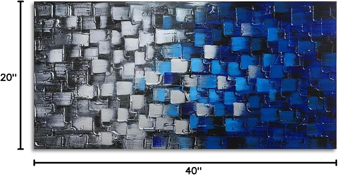 Textured Abstract Squares Canvas Wall Art Modern Dark Blue and Silver Oil Painting 100% Hand Painted 3D Effect Artwork Frame Ready to Hang Decor for Home and Office 40x20inch