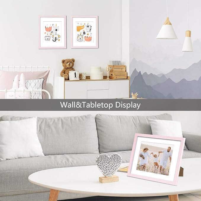 CORE ART 11x14 Picture Frame, Pink Picture Frames 8x10 with Mat or 11 x 14 without Mat for Wall or Tabletop Display, Photo Frame Set of 4