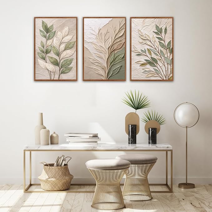 CHDITB 3D Neutral Foliage Impasto Textured Leaf Framed Canvas Wall Art Set, Sage Green Boho Botanical Rustic Country Wall Decor, Earth Tone Plant Art Prints for Living Room Bedroom Farmhouse 16"x24"x3
