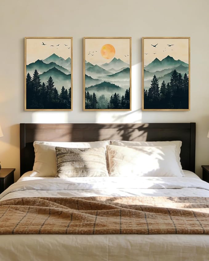 PHOPAGO Mountain Landscape Fog Pine Tree Framed Wall Art Large Large 16x24in Watercolor Nature Misty Forest Artwork Paints Sun Rise Farmhouse Rustic Decor for Bedroom Living Room - Natural Framed