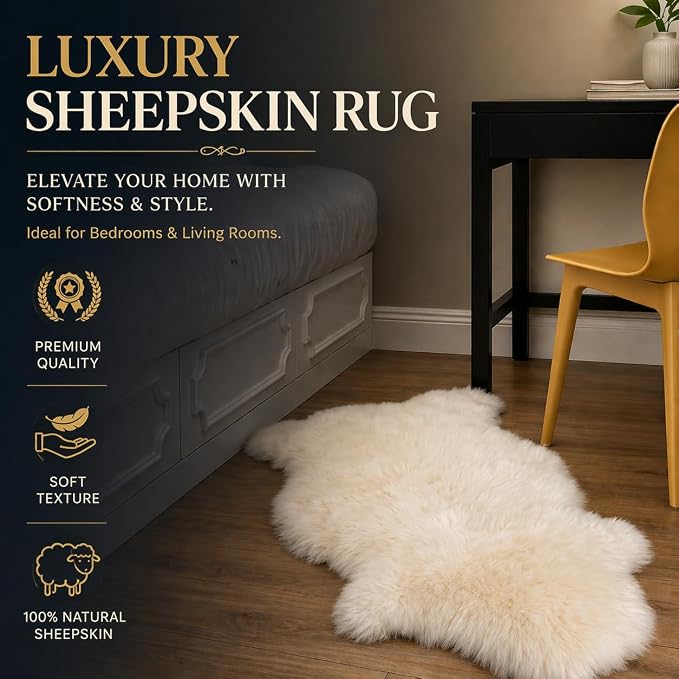 Woolous Sheepskin Rug, Genuine Sheep Skin Chair Throw 2x3 ft Ivory | Natural lambskin pelt with fluffy wool texture. Ideal as area rug, chair throw, bedroom or living room decor.