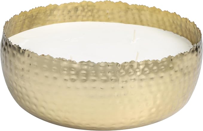 Deco 79 Metal Decorative Candle English Garden Scented Wide Hammered 90 oz 4 Wick Aromatherapy Candle with White Wax, Wax Aromatherapy Candle 10" x 10" x 4", Gold