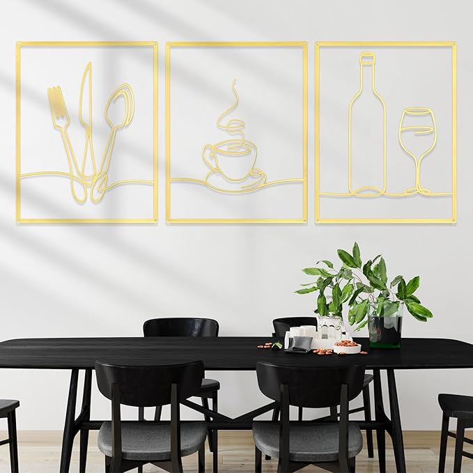 Otoolling 3 Pieces Metal Minimalist Line Kitchen Signs Wall Decor Drawing Rustic Kitchen Wall Art for Dining Living Room Home, 14 x 11 Inches(Dining Room,Gold)