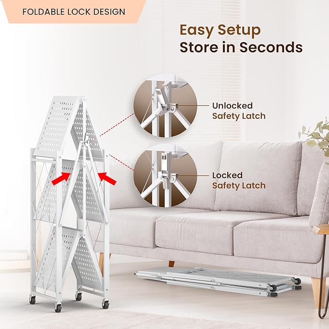 Our Modern Space 3-Tier Foldable Storage Shelf with Wheels | Metal Rack Collapsible Shelving Display | Rolling Cart for Books Kitchen Storage Shelves | Pantry & Closet Organizer | Office Room Decor