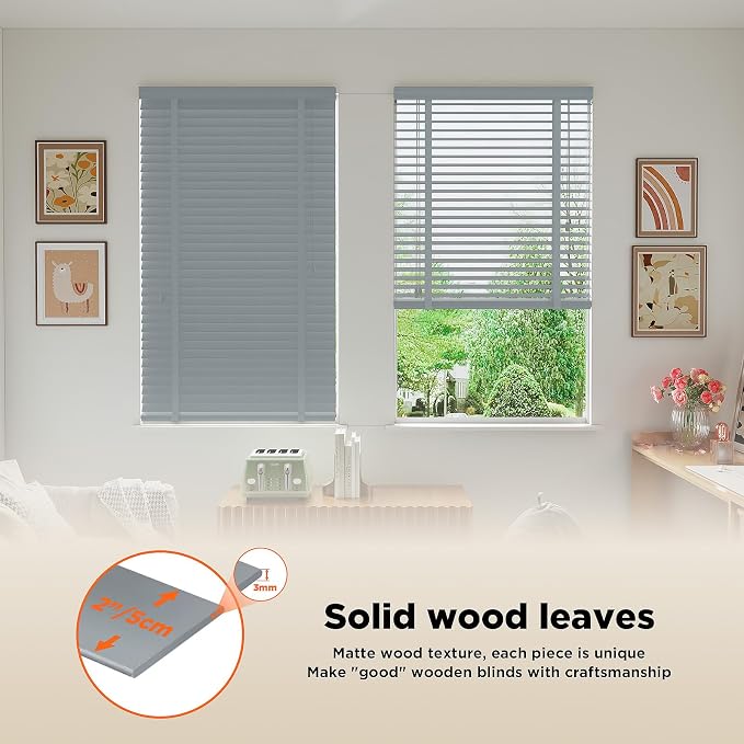 2" Slats Wood Blinds for Indoor Windows: Solid Wooden Blackout Blinds & Shades,Black Out Privacy Horizontal Blinds for Home Bedroom Bathroom Living Room Windows and Doors Gray