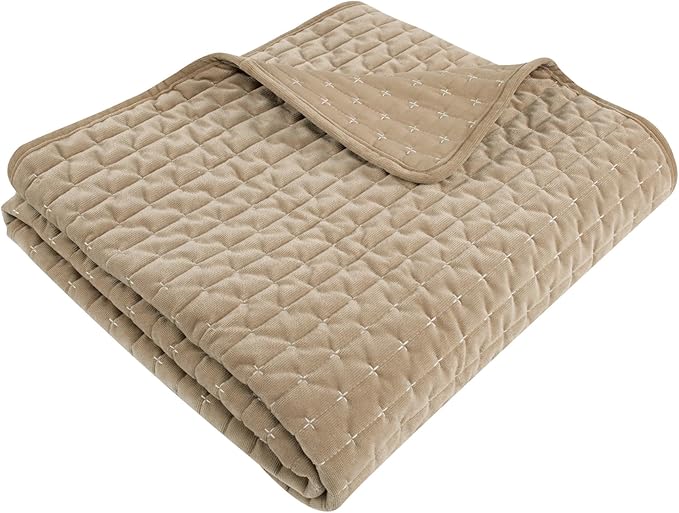 Levtex Home - Velvet Stitch - Throw - Cross Stitch Velvet - Taupe with White - Quilt (50x60in.) and Sham 50x60in. - Polyester
