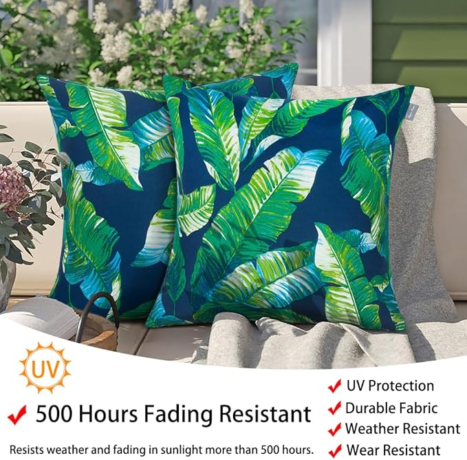 Magpie Fabrics Patio Pillow with Insert 18"x18", Set of 2, Fade-Resistant Outdoor Indoor Cushion Decorative Throw Pillow Decoration for Couch Garden Furniture - Green Lagoon Leaves