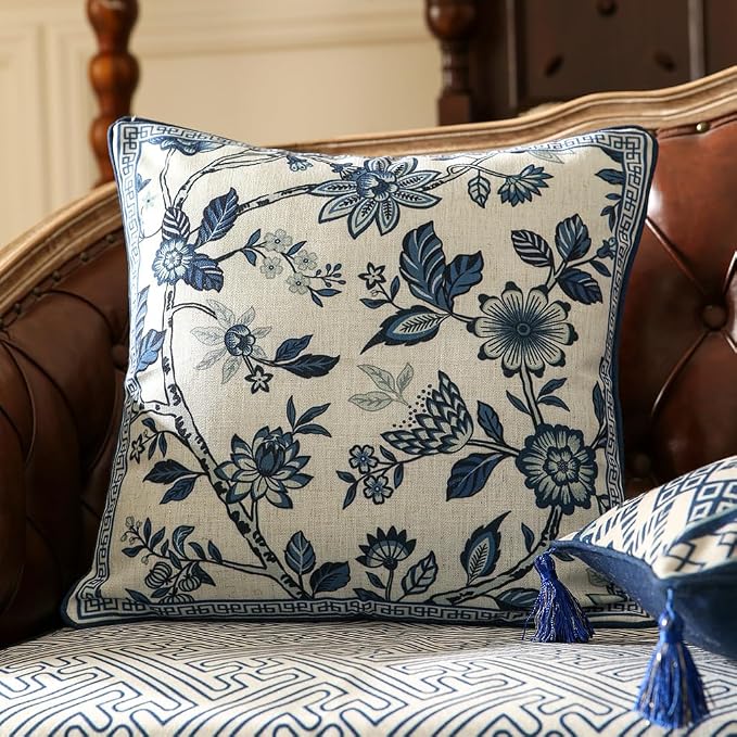 bilin gaier Designer Vintage Linen Throw Pillow Cover,18"x18"-Suqing A | Elegant Square Pillow Cover,Concealed Zipper Design,Blue Floral Pattern,Sofa,Bedroom,Living Room,Lounge Chair