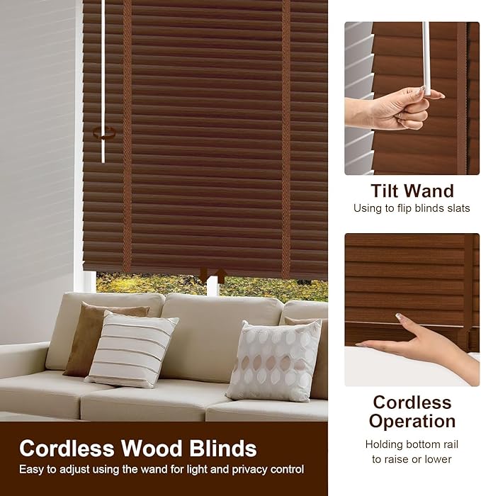 2" Cordless Real Wood Blinds for Indoor Windows, Rose Wood, 24" W x 64" H | Horizontal Venetian Blinds with Tilt Wand, Light Filtering, Privacy Control, Easy Installation for Bedroom, Living Room