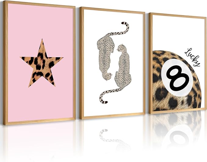 Leopard Wall Art Cheetah Canvas Prints Lucky 8 Ball Wall Decor Fashion Leopard Poster Aesthetic Pictures Trendy Cheetah Painting Preppy Artwork for Living Room Bedroom 12x16 Inch Unframed Set of 3