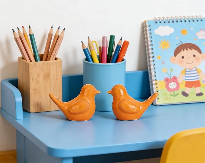 Small Orange Bird Statue Ceramic 2-Piece Set, 3¾ inch Cute Knick Knack for Home Office Shelf Desk Decor