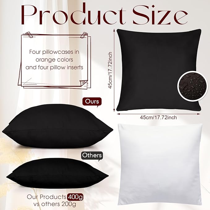 Colingmill 4 Set Waterproof Black Outdoor Throw Pillow Covers with 4 Pillow Inserts 18x18 Inch Decorative Waterproof Throw Cushion for Sofa Couch Home Patio