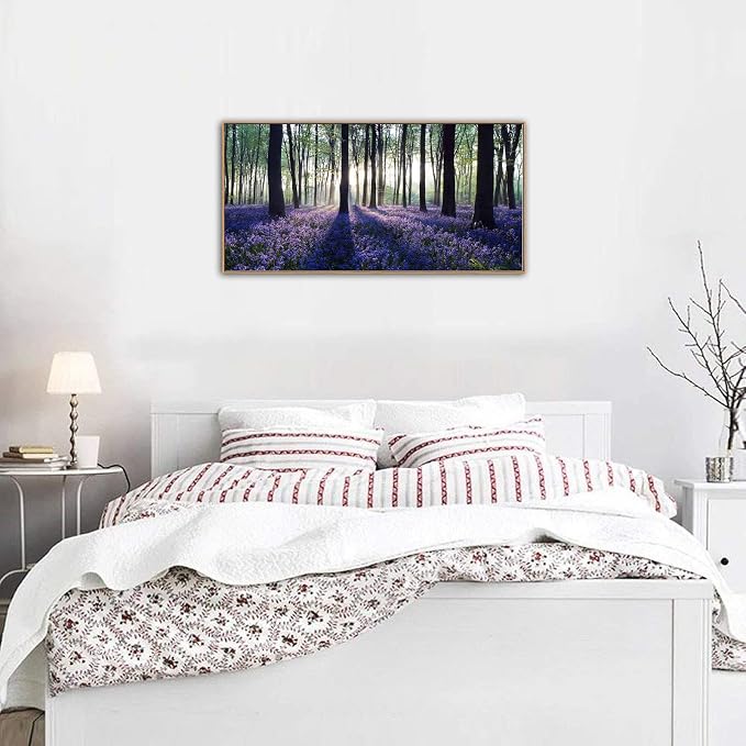 yearainn Framed Purple Lavender Forest Canvas Wall Art 24" x 48" | Lavender Field Sunlight Trees Canvas Picture, Nature Landscape Painting Artwork for Home Wall Decor, Natural Wood Frame