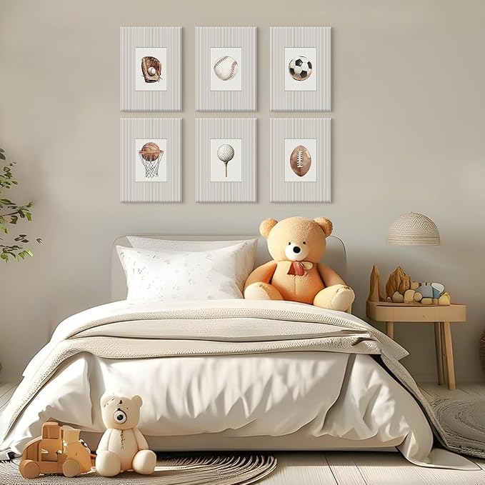 Sports Wall Art Decor Toddler Boys Room Canvas Prints Vintage Sports Nursery Wall Decor Baby Kids Poster Football Baseball Pictures Basketball Artwork for Children Bedroom 8x10x6 Inch Ready to Hang