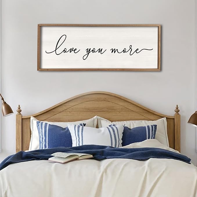 Love You More Sign Wall Decor 40''×15'' Large Vintage Framed Wood Modern Farmhouse Wall Decor for Master Bedroom Above Over Bed Minimalist Wall Art Hanging (Wood White)
