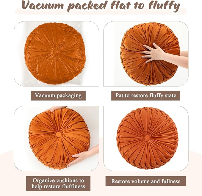 Drydiet 1 Pcs Round Throw Velvet Pillows Decorative Pleated Throw Pillows 18'' Diameter Accent Pumpkin Boho Chair Cushion for Couch Sofa Home Decoration (Brunt Orange)