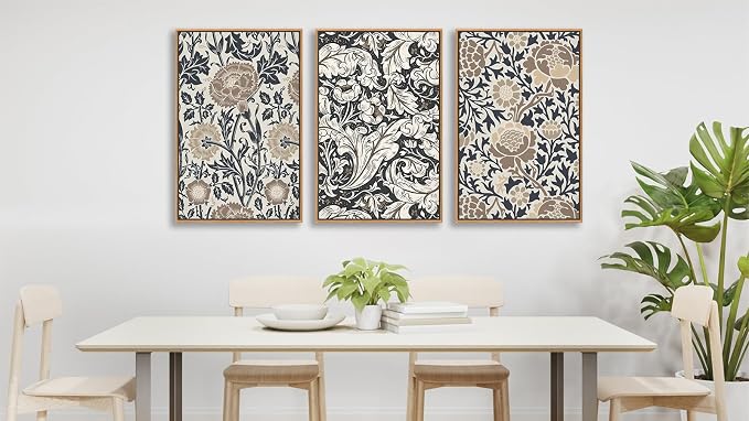Large Flowers Wall Art for Living Room Natural Wood Float Framed Art Set of 3 William Morris Floral Canvas Pictures Vintage Artwork Botanical Canvas Poster Prints for Bedroom Wall Decor 20"X28"X3