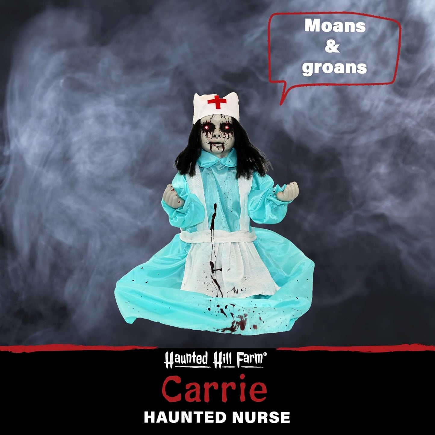 Haunted Hill Farm 1.8 ft. Groundbreaker Zombie Nurse Animatronic with Flashing Red Eyes and Poseable Arms, Creepy Halloween Decoration with Sound Effects, Battery Operated Prop