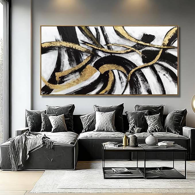 Kureful White Abstract Canvas Wall Art Gold Modern Artwork Black Line Prints Textures Picture for Walls Arts Posters for Office Bedroom Home 29"x58"