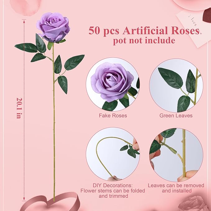 50 PCS Purple Roses Artificial Flowers, Fake Roses with Stem Realistic Silk Roses for DIY Wedding Bouquets Table Centerpieces Arrangements Baby Shower Birthday Home Decor Valentine's Day Gift for Her