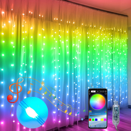 QINER LED Curtain Lights Indoor, 9.8 FT x 9.8 FT 300 LED with USB APP Control, Multiple Modes Selection, Smart Curtain Light for Bedroom, Wedding,Valentine's Day, Party
