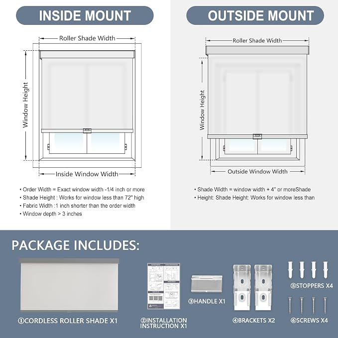 AOSKY Light Filtering Roller Shades Cordless Blinds for Windows, 1% Openness Free-Stop Shades with Valance, Thermal Insulated Fabric, UV Protection, Natural Woven Blindss（45" W x 72" H, Grey）