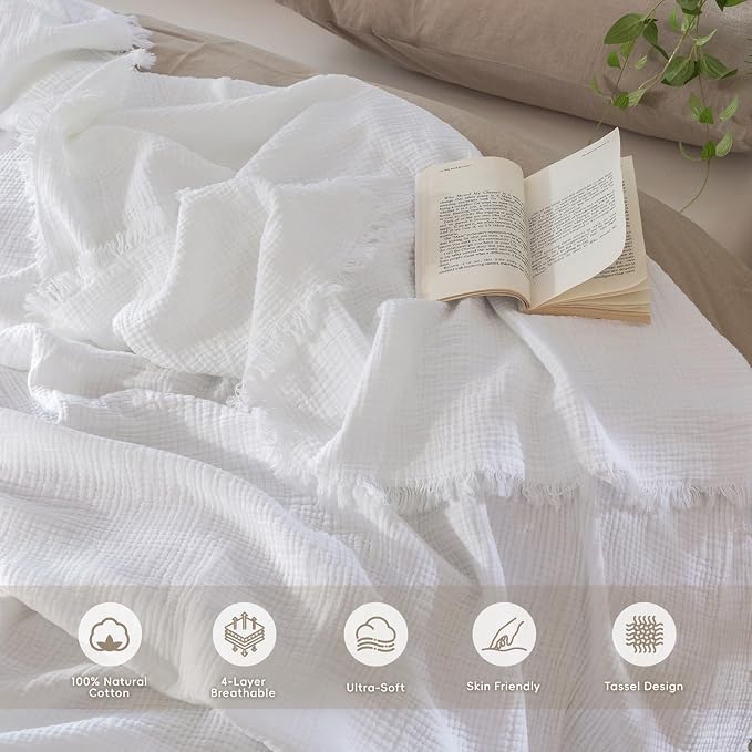 MooMee Muslin Blanket - 100% Cotton 4-Layer Gauze Throw Blanket with All-Around Fringe, Soft Breathable Lightweight Cooling Summer Blankets for Bed Couch (Bright White,Throw 60" x 50")