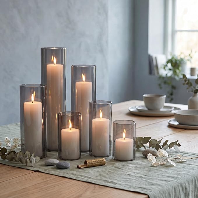 Shihanee Set of 6 Pillar Candles and Glass Cylinder Vases Assorted Sizes Cylinder Holders for Pillar Candles Home Table Centerpieces Wedding Party Decorations (White,Smoky Black)