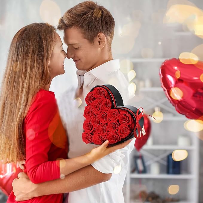 HERBMOTG 16 Forever Real Roses in Heart-Shaped Box with a Curved Design, Grade A Quality-Preserved Roses for Birthday, Mothers Day & Valentines Day (Red)