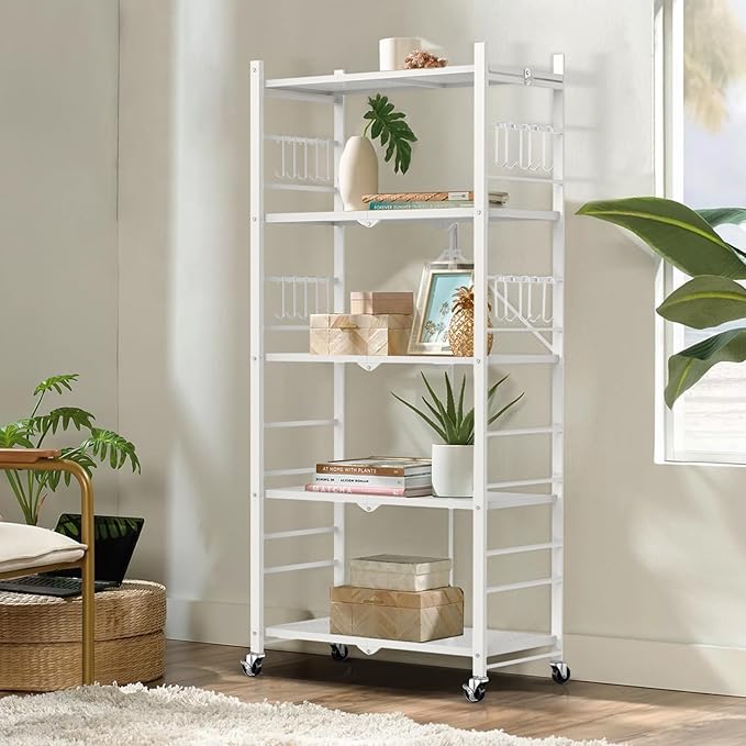 Himix Storage Shelves with 20 Hooks, 5-Tier Foldable Shelves for Storage, Collapsible Organization Rack Bookshelf 440 Ibs for Kitchen Garage Home Room, White - No Assembly