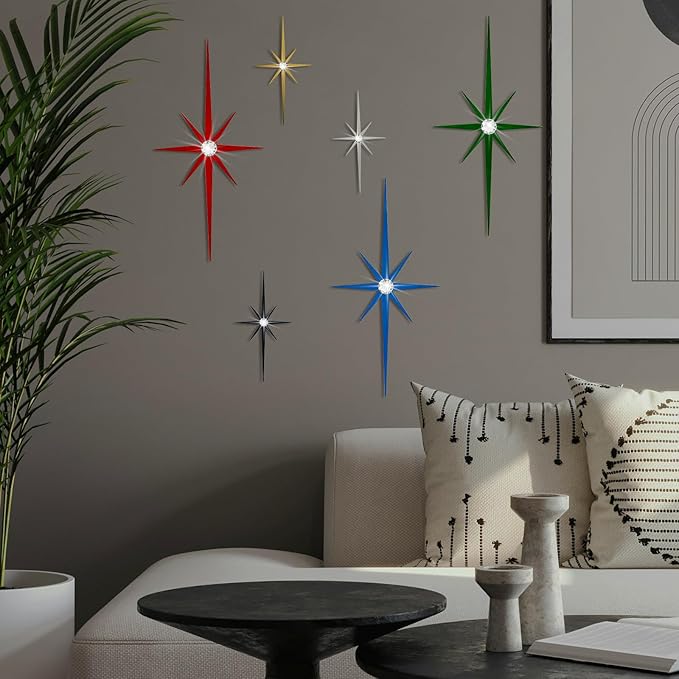 4 Pack Metal Star Wall Art 8 Pointed Starburst Wall Decor Set with 2 Large & 2 Small Pieces Mid Century Celestial Metal Wall Sculpture for Bedroom Living Room Office Gallery Wall