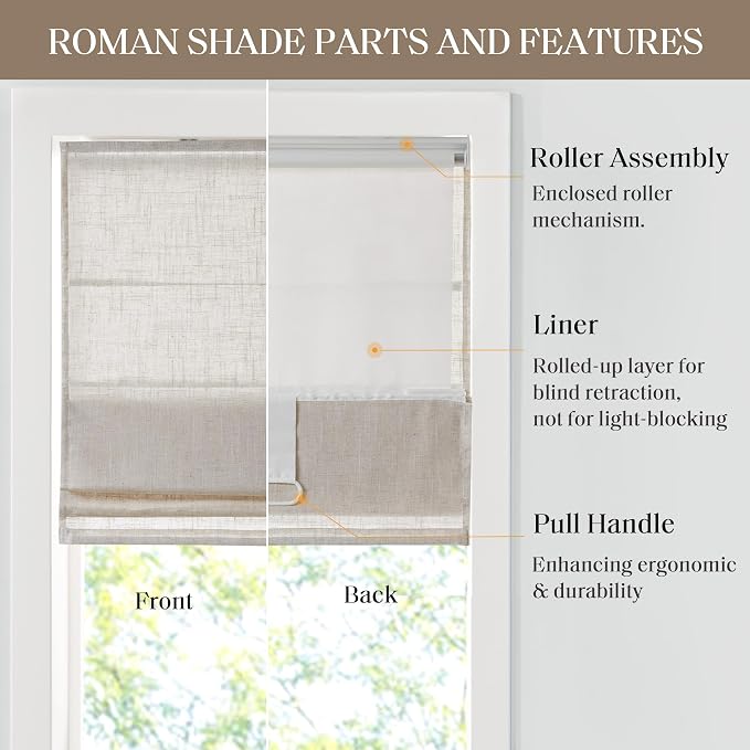 Madison Park Kyler Cordless Roman Shades - Single Panel, Lightweight Linen Blend Fabric, Natural Design, Easy Installation, Light Filtering Window Blind, Bedroom, Living Room Decor 34"W x 64"H Natural