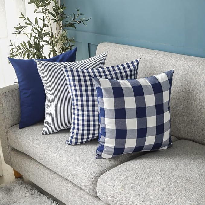 CARRIE HOME Navy Blue Outdoor Buffalo Plaid 20x20 Throw Pillow Covers Set of 4, Checkered Blue and White Decorative Pillow Covers 20 x 20, Farmhouse Decor Throw Pillows for Porch and Patio