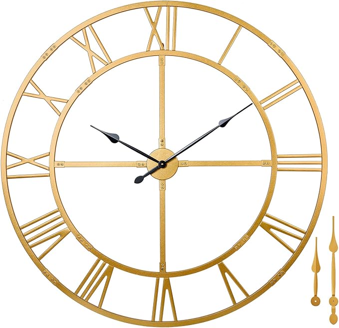 Large Wall Clock for Living Room Decor – 60 Inch Knocked-Down (KD) Silent Non-Ticking Modern Farmhouse Wall Clock, Oversized Decorative Metal Roman Numeral Clock (Gold, 60 Inch)