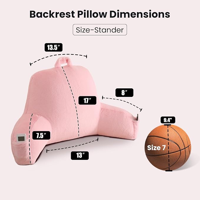 Soft Reading Pillow for Bed with Arms,Middle,Pink,Faux Fur | 17" Backrest with Arms for Gaming & Lounging,Oeko-TEX Certified Plush Back Pillow for Girls Room