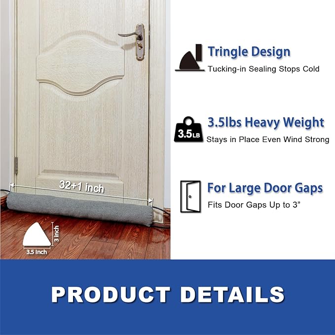 YOUFI 32 Inch Weighted Door Draft Stopper, 3.5lb Heavy Under Door Draft Blocker, Self-Resetting Gap Filler Seal Blocks Cold, Hot Air, Noise, with Non-Slip Bottom, Machine Washable Cover
