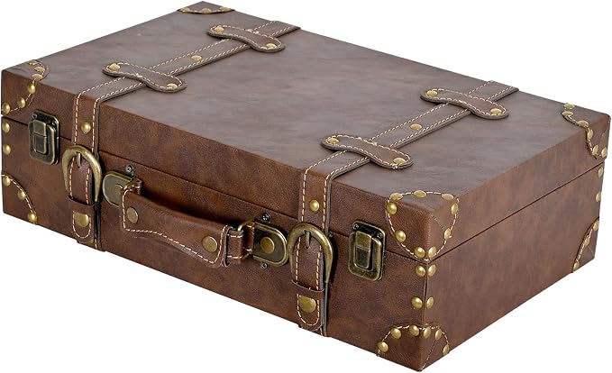 DECOR4SEASON Vintage Leather & Wood Storage Box – Compact Decorative Suitcase Chest with Classic Design, Perfect for Keepsakes, Travel, and Home Organization