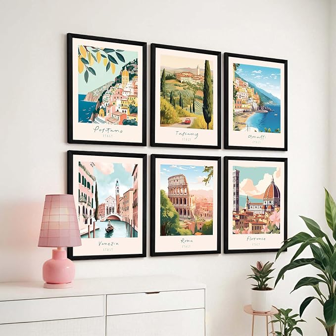 Italian Italy Wall Art Decor Amalfi Coast Travel Poster Italy City Canvas Wall Art Vintage Landscape Beach Painting Artwork Modern for Bedroom Living Room 8x10 Prints Wood Framed Set of 6