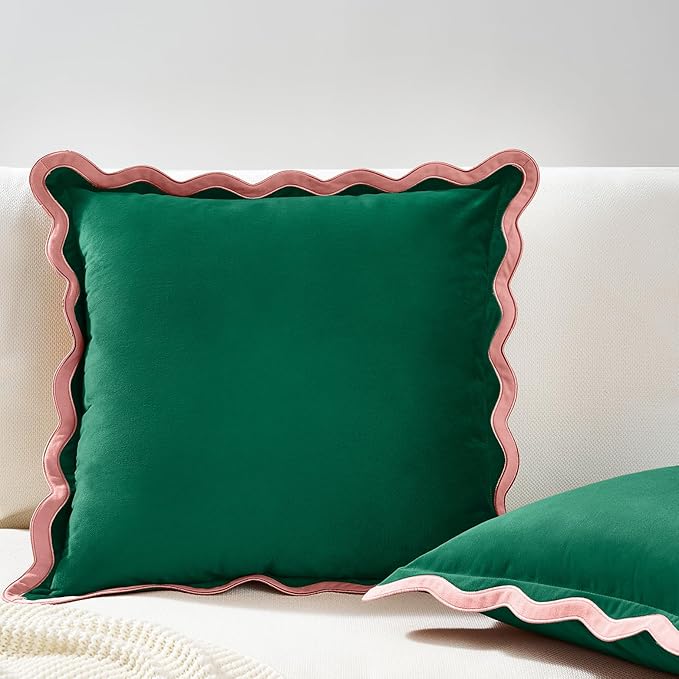 MONDAY MOOSE Decorative Throw Pillow Covers Cushion Cases, Set of 2 Soft Velvet Scalloped Wavy Edge Designs, Mix and Match for Home Decor, Pillow Inserts Not Included (18x18 inch, Pink/Green)