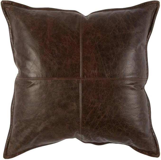 Genuine Leather Pillow Cover Case for Lumbar Throw Couch Pillows - Farmhouse Decorative Modern Sofa Thick & Soft Cushion Covers (Dark Brown, 22" x 22")