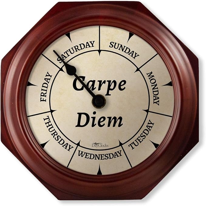 Classic “Carpe Diem” Day of The Week Wall Clock - 10" Solid Mahogany Wood Frame, Ideal Retirement Gift for Men and Women, Day Clock for Seniors and Retirees