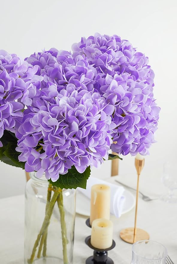 PARTY JOY 5PCS 15.4In Artificial Hydrangea Silk Flowers Bouquet Faux Hydrangea Stems for Wedding Centerpieces Home Decor (Light Purple)