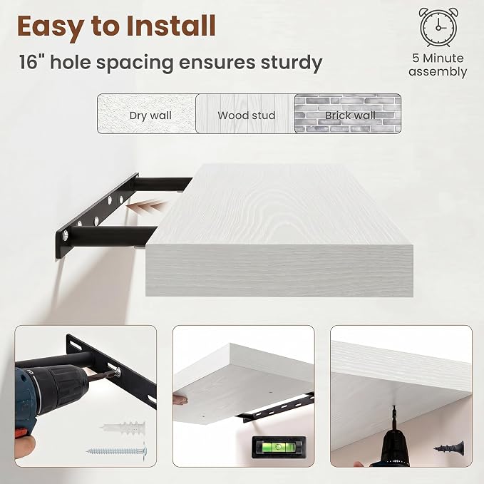 Fun Memories 48inch Floating Shelves, 12" Deep Wall Shelves for Storage and Home Decor, White Wall Shelves for Living Room Bedroom Bathroom Kitchen Laundry Room, Set of 2