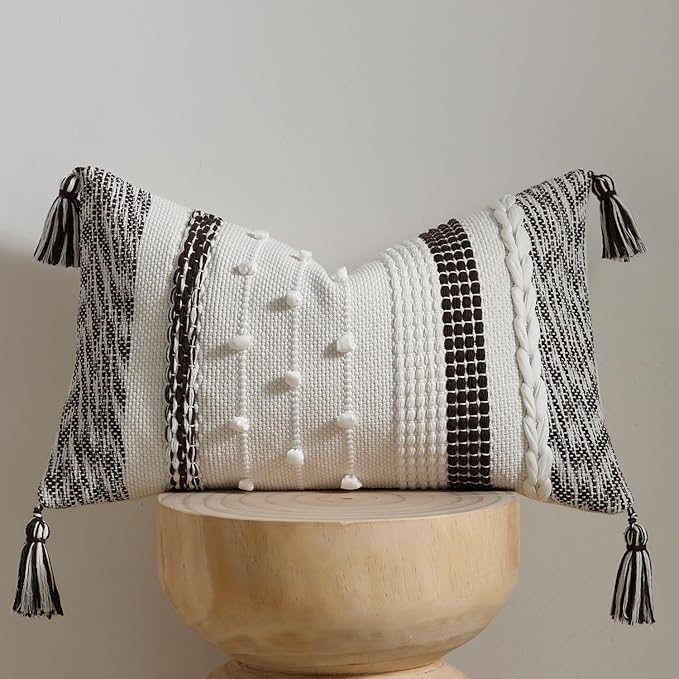 Boho Lumbar Pillow Cover 12x20 Chocolate Brown - Handmade Woven Textured Throw Pillow Case with Cordings & Tassels, Decorative Accent for Couch Sofa Bed Farmhouse Living Room Bedroom Home Decor