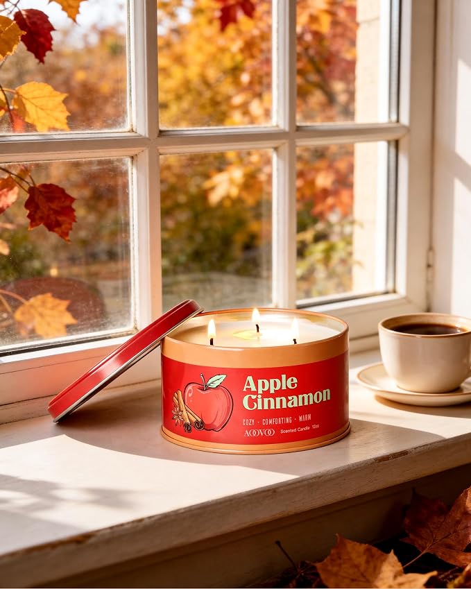 AOOVOO Apple Cinnamon Candle - 3 Wick 12oz Large Fall Candles, Soy Wax Strong Scented Candle Non Toxic, Long Lasting Aromatherapy Candle for Home, Autumn Candle Gift for Women Men