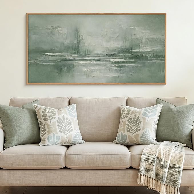 HPNIUB Large Abstract Sage Green Framed Canvas Wall Art Set,Vintage Neutral Brush Stroke Wall Decor, Minimalist Lake Landscape Artwork for Living Room,Bedroom,Office -20"x40"x1